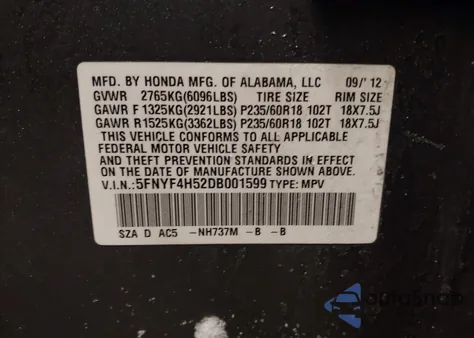 2013 Honda Pilot Ex-L z USA, uszkodzony, nr VIN 5FNYF4H52DB001599